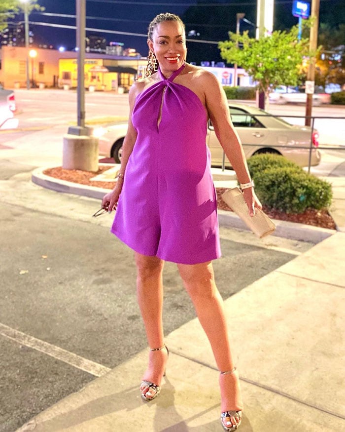 Purple Halter Romper With Metallic Heels Purple Halter Romper With Metallic Heels — Classy Las Vegas Outfits