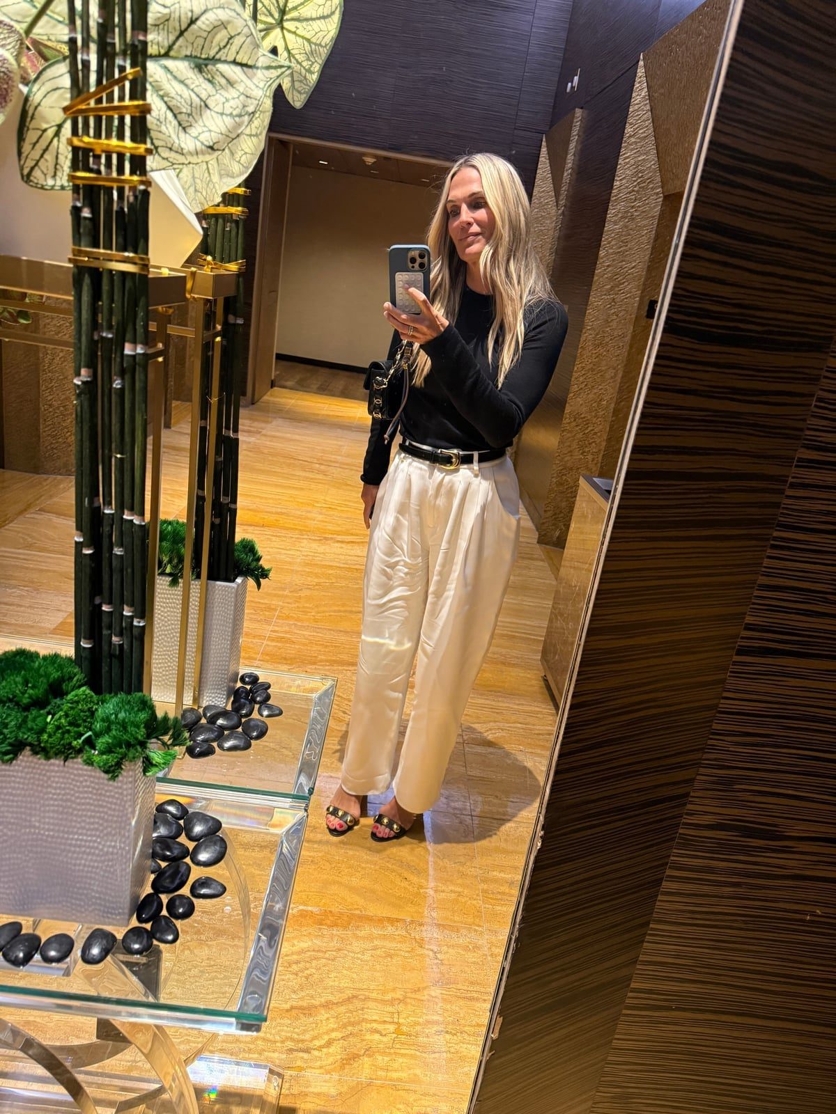 Cream Pleated Trousers With Black Long Sleeve Top Cream Pleated Trousers With Black Long Sleeve Top — Classy Las Vegas Outfits