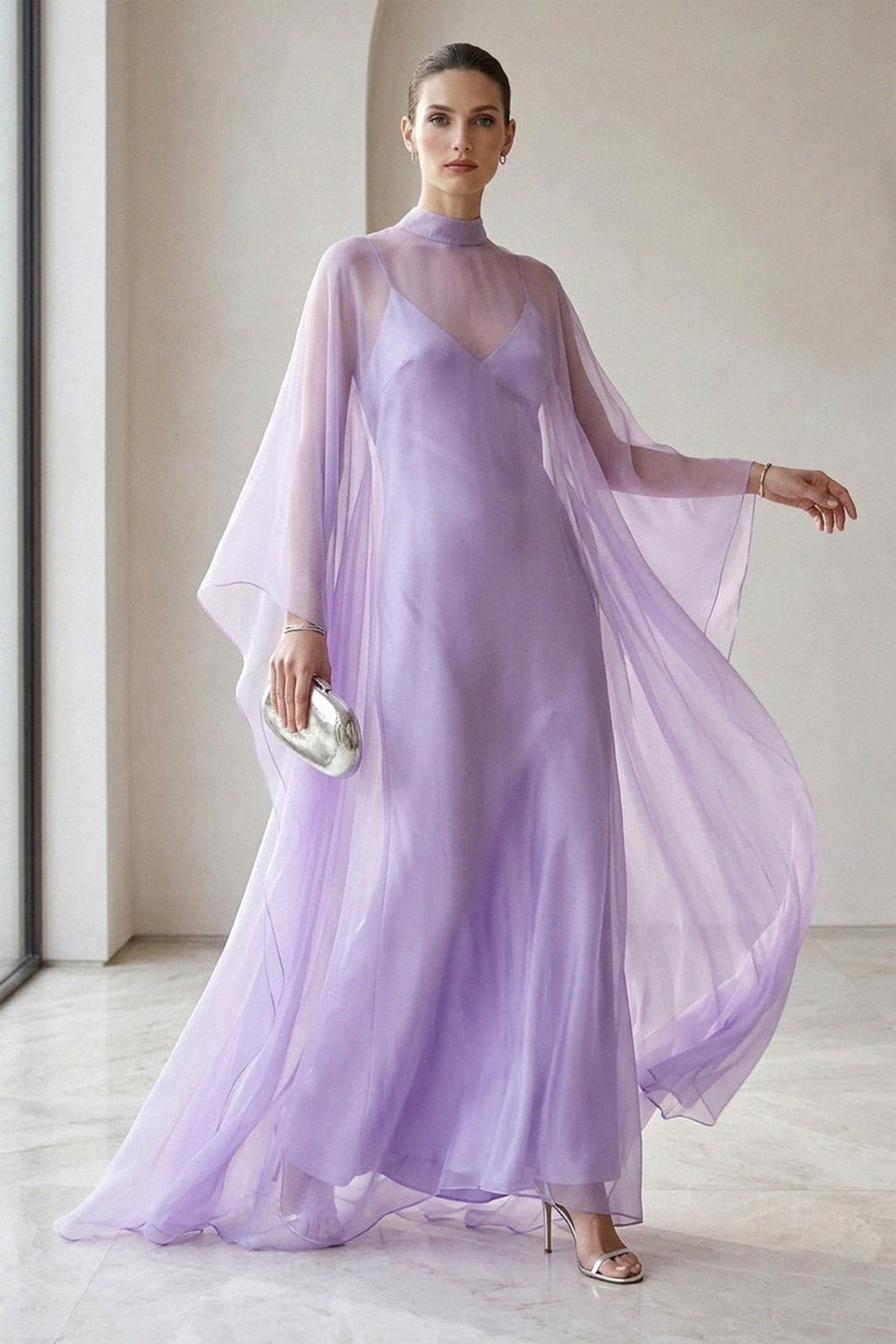 Lavender Satin Slip Dress With Flowing Organza Cape Lavender Satin Slip Dress With Flowing Organza Cape — Classy Lavender Dress