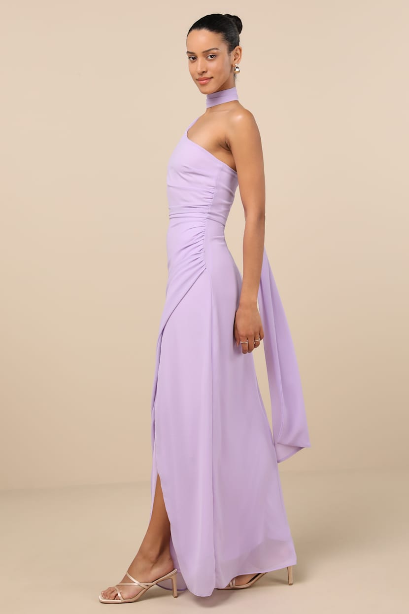 Lavender One-Shoulder Maxi Dress With Draped Sash Lavender One-Shoulder Maxi Dress With Draped Sash — Classy Lavender Dress
