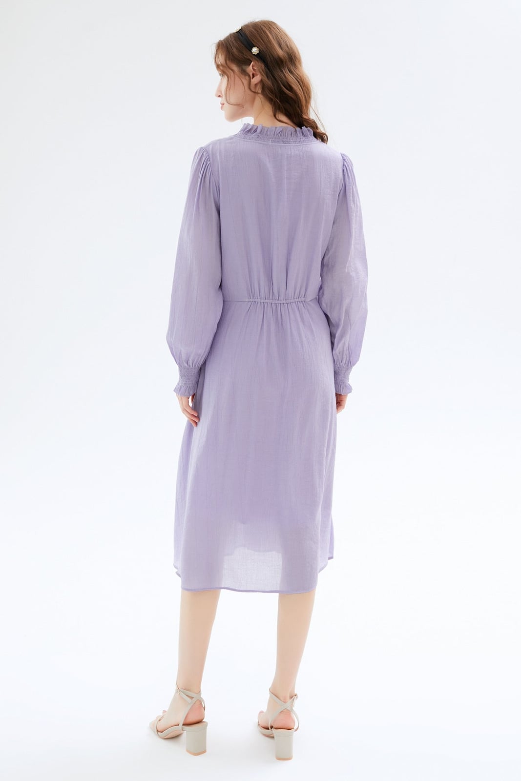 Light Purple Midi Dress With Puff Sleeves Light Purple Midi Dress With Puff Sleeves — Classy Lavender Dress