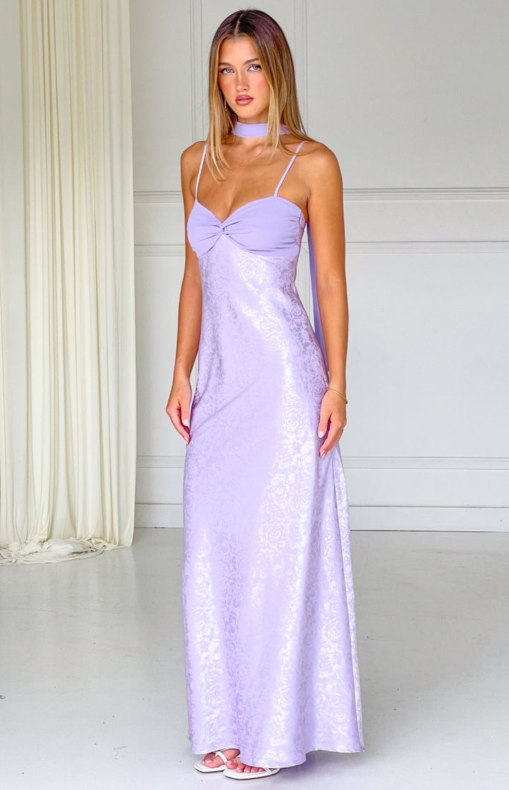Lilac Patterned Satin Maxi Dress Lilac Patterned Satin Maxi Dress — Classy Lavender Dress