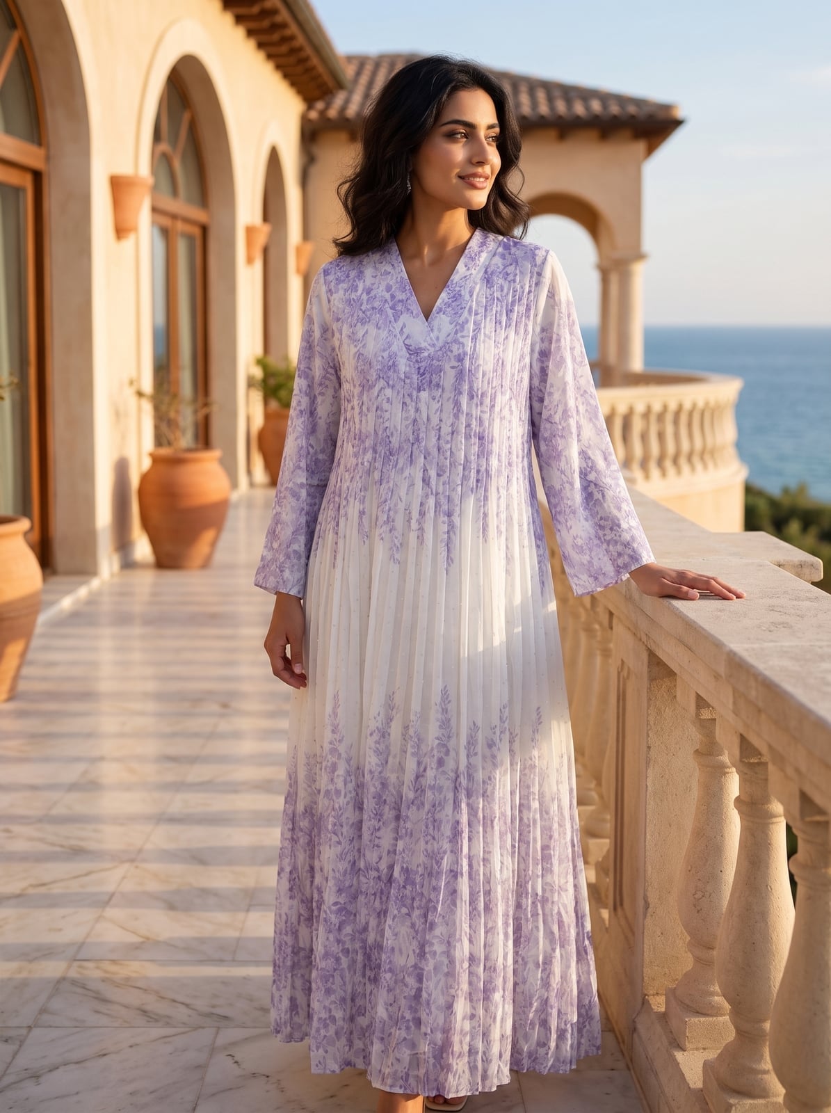 Lavender Floral Print Maxi Kaftan Dress With Pleated Skirt Lavender Floral Print Maxi Kaftan Dress With Pleated Skirt — Classy Lavender Dress