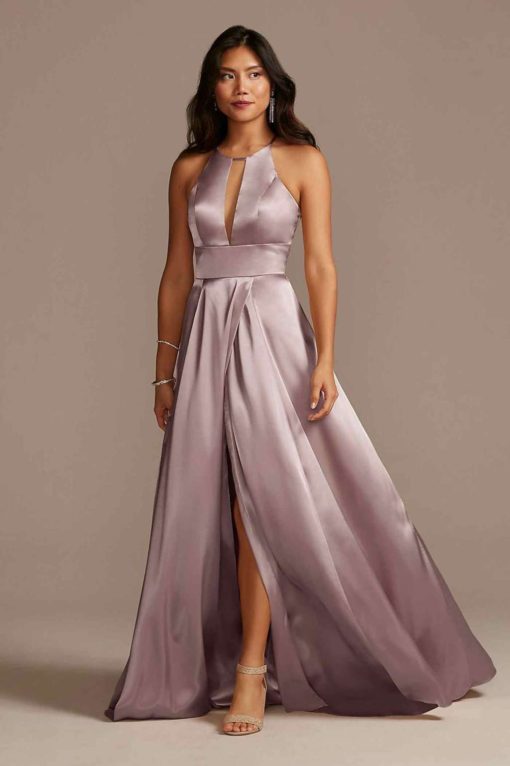 Muted Lavender Satin Maxi Dress With High Slit, Close-Up Take Muted Lavender Satin Maxi Dress With High Slit, Close-Up Take — Classy Lavender Dress