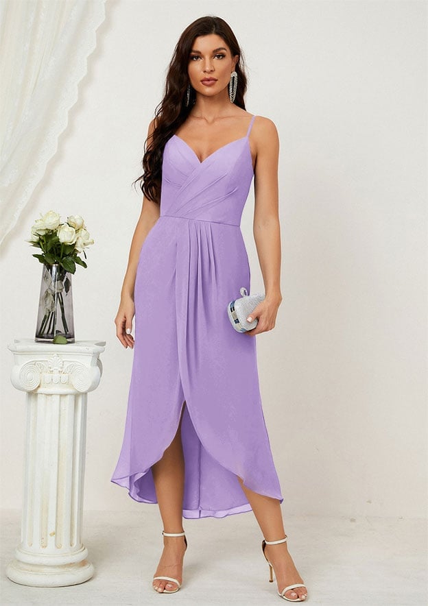 Lavender Chiffon Midi Dress With Ruching Detail Lavender Chiffon Midi Dress With Ruching Detail — Classy Lavender Dress
