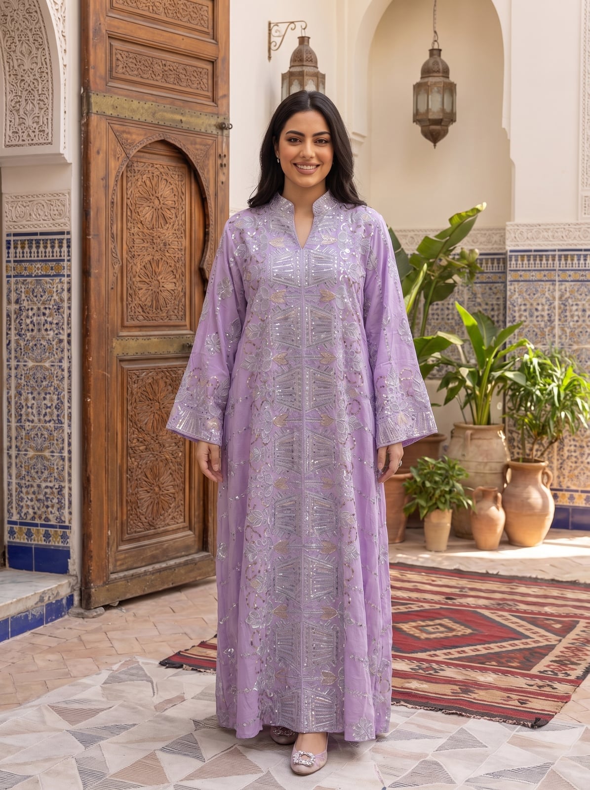 Lilac Maxi Kaftan Dress With Geometric Embroidery Lilac Maxi Kaftan Dress With Geometric Embroidery — Classy Lavender Dress
