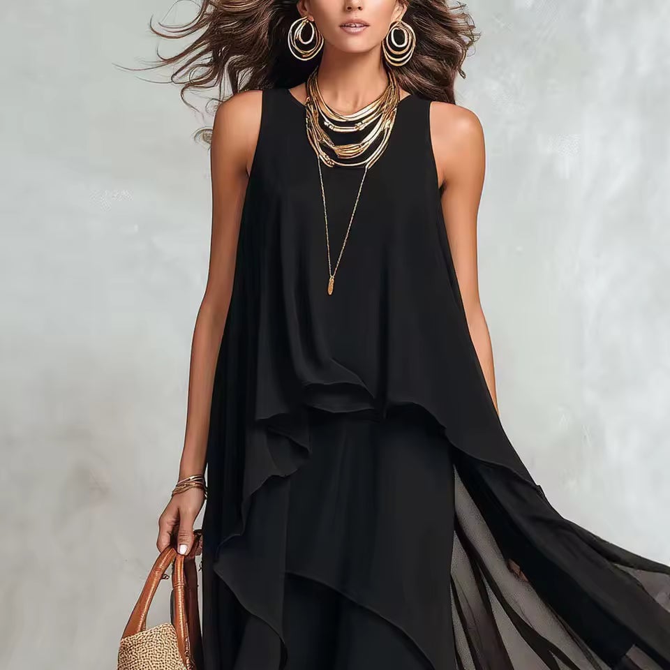 Black Sleeveless Maxi Dress of Layered Chiffon, Close-Up Take — Classy Layering Dress