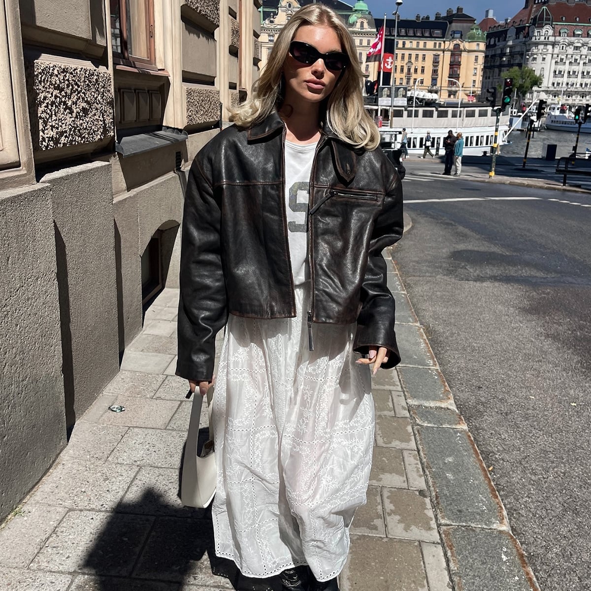 White Eyelet Maxi Dress With Leather Jacket, Close-Up Take — Classy Layering Dress