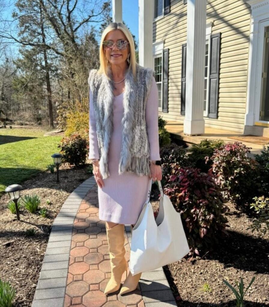 Light Pink Knit Dress With Grey Faux Fur Vest — Classy Layering Dress