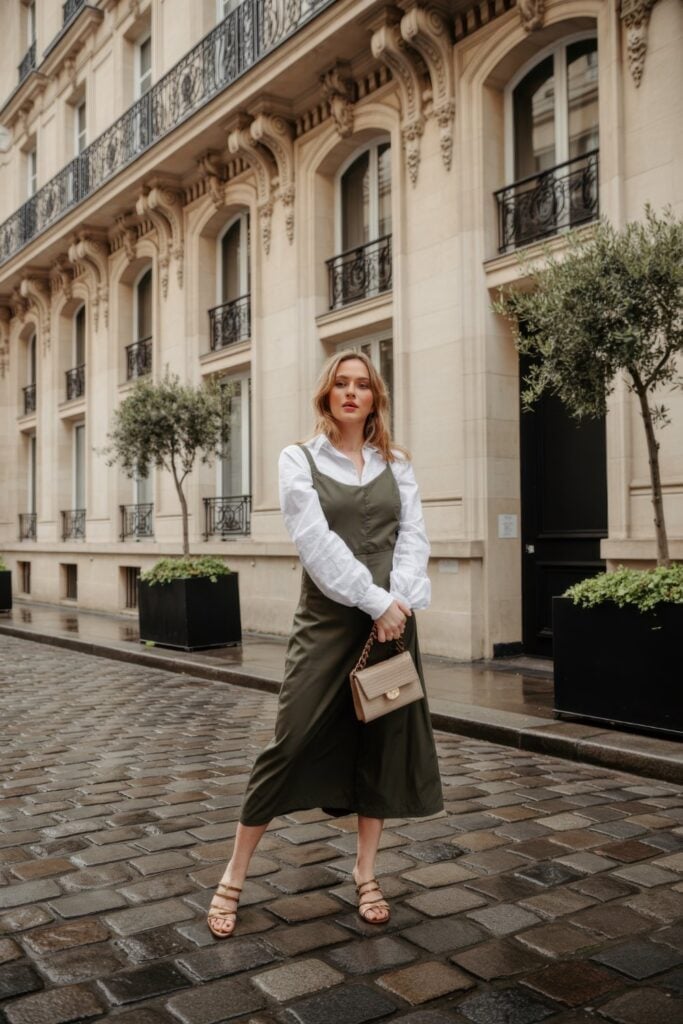 Olive Green Pinafore Dress Over a White Shirt — Classy Layering Dress