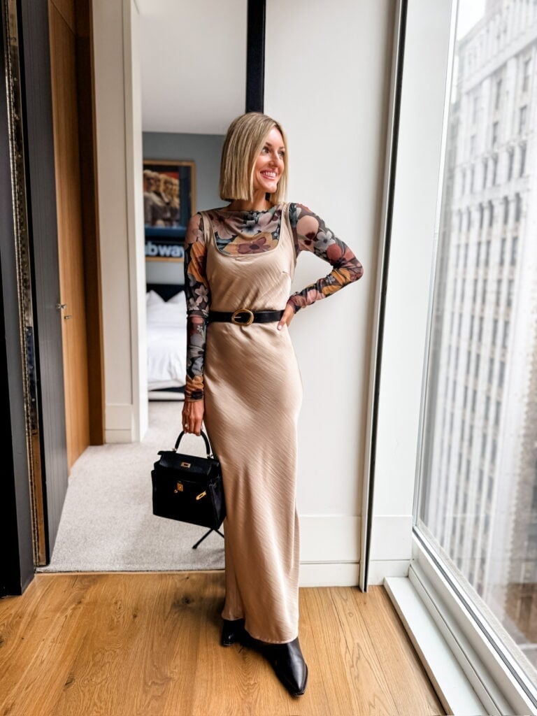 Champagne Satin Slip Dress Over Floral Sheer Top — Classy Layering Dress