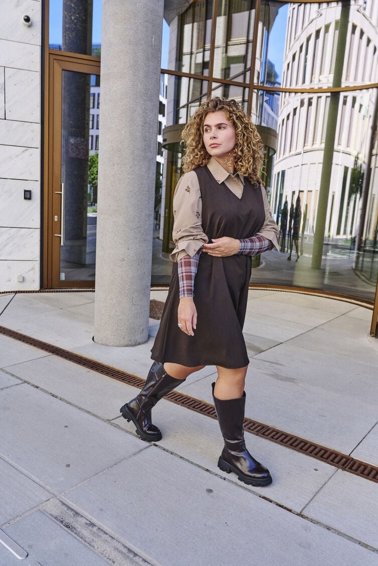 Brown Sleeveless Dress With Plaid Shirt Layering — Classy Layering Dress
