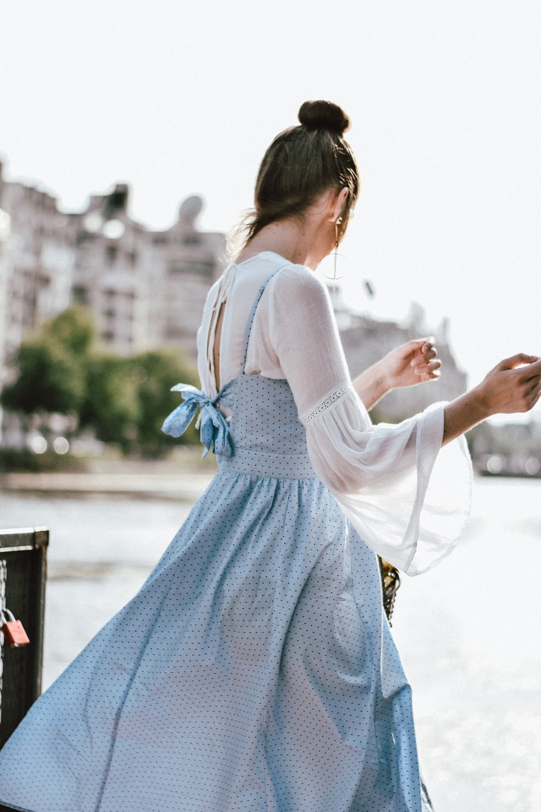 Blue Polka Dot Midi Dress Over White Blouse — Classy Layering Dress