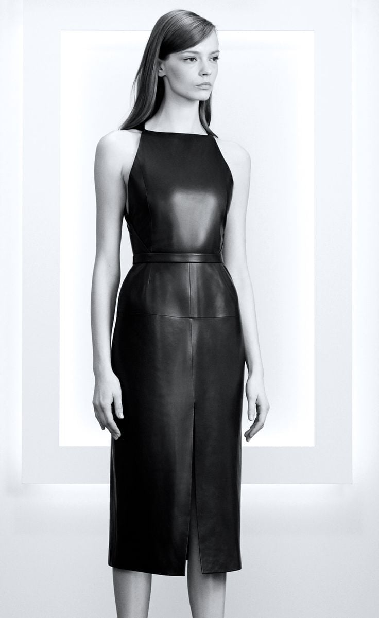 Black Leather Sheath Dress with Square Neckline and Slit Black Leather Sheath Dress with Square Neckline and Slit — Classy Leather Outfits