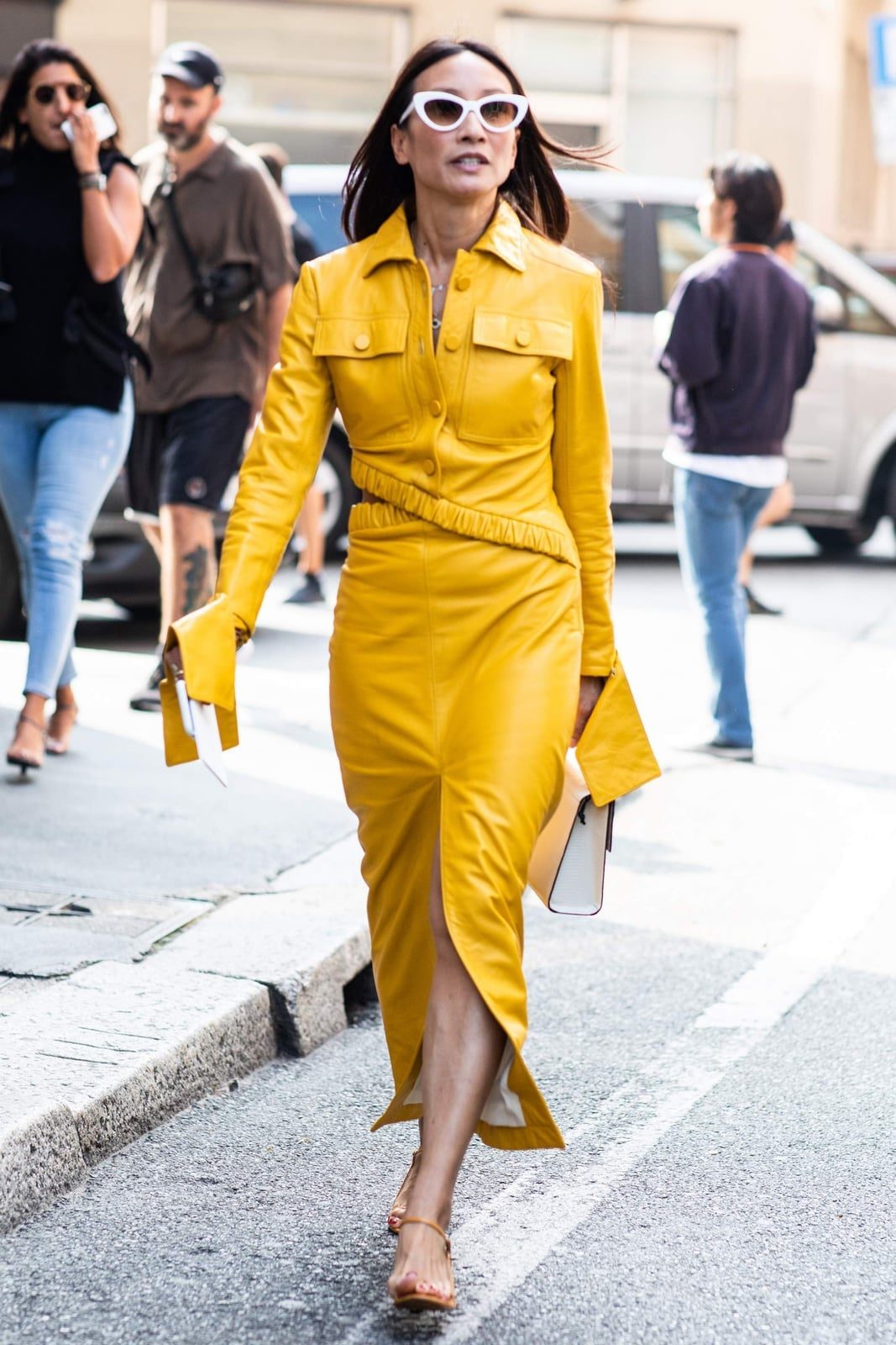 Bright Yellow Leather Shirt Dress with Thigh-High Slit Bright Yellow Leather Shirt Dress with Thigh-High Slit — Classy Leather Outfits