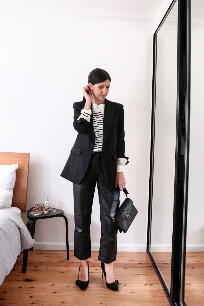 Straight-leg Leather Trousers with Oversized Blazer and Stripes Straight-leg Leather Trousers with Oversized Blazer and Stripes — Classy Leather Outfits