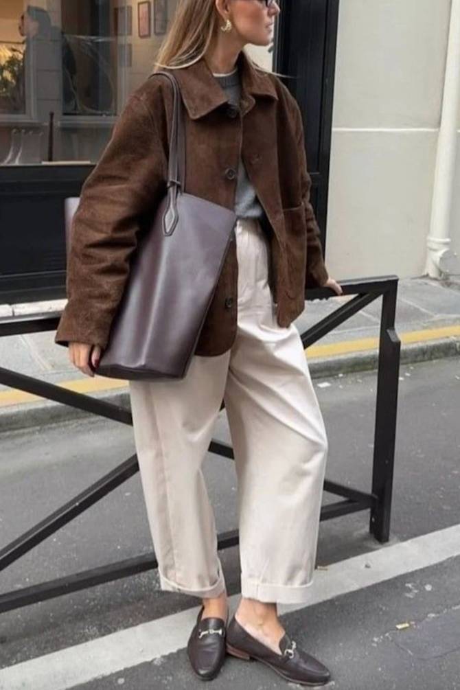 Brown Suede Jacket Over Grey T-Shirt with Cream Trousers Brown Suede Jacket Over Grey T-Shirt with Cream Trousers — Classy Leather Outfits