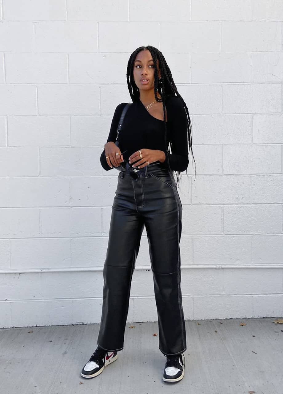 Wide-leg Black Leather Pants with Asymmetrical Top and Sneakers Wide-leg Black Leather Pants with Asymmetrical Top and Sneakers — Classy Leather Outfits