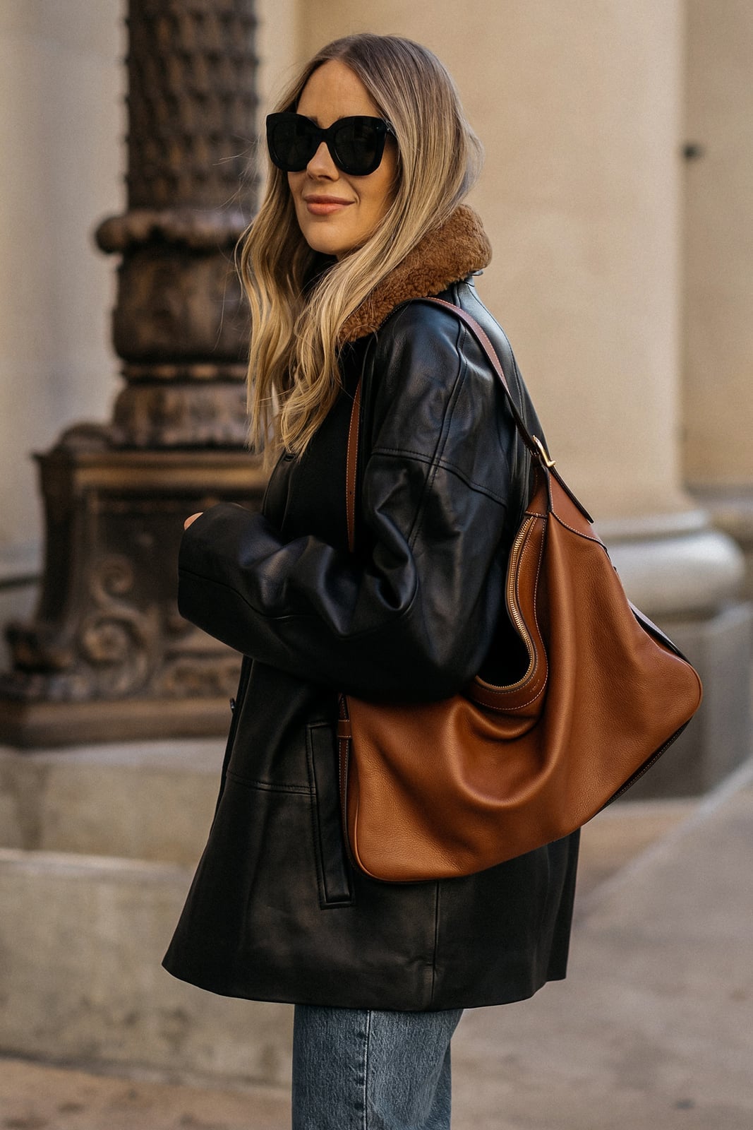 Black Leather Jacket with Fur Collar Over Grey Top Black Leather Jacket with Fur Collar Over Grey Top — Classy Leather Outfits