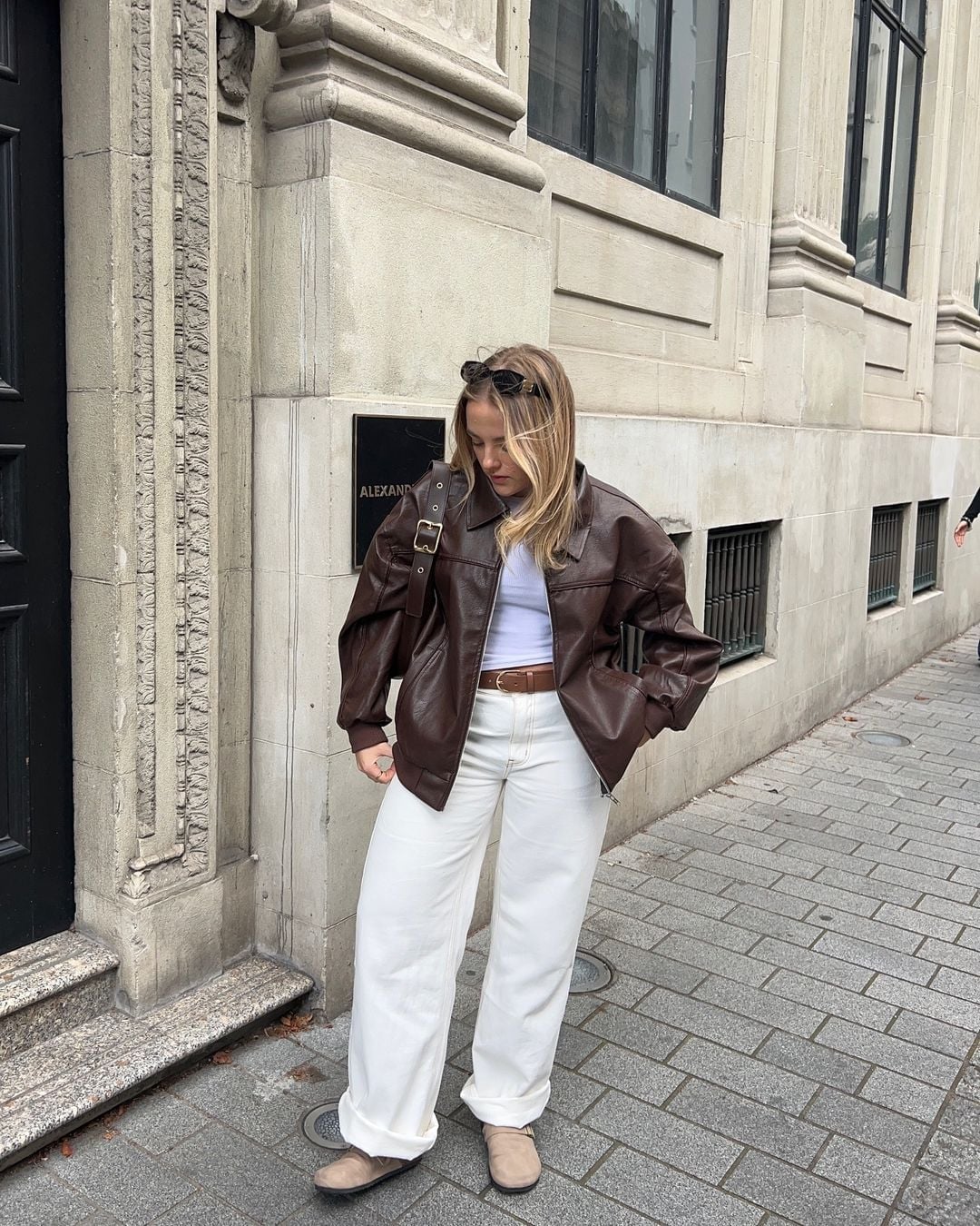 Oversized Dark Brown Leather Bomber Jacket Over White Tank Oversized Dark Brown Leather Bomber Jacket Over White Tank — Classy Leather Outfits