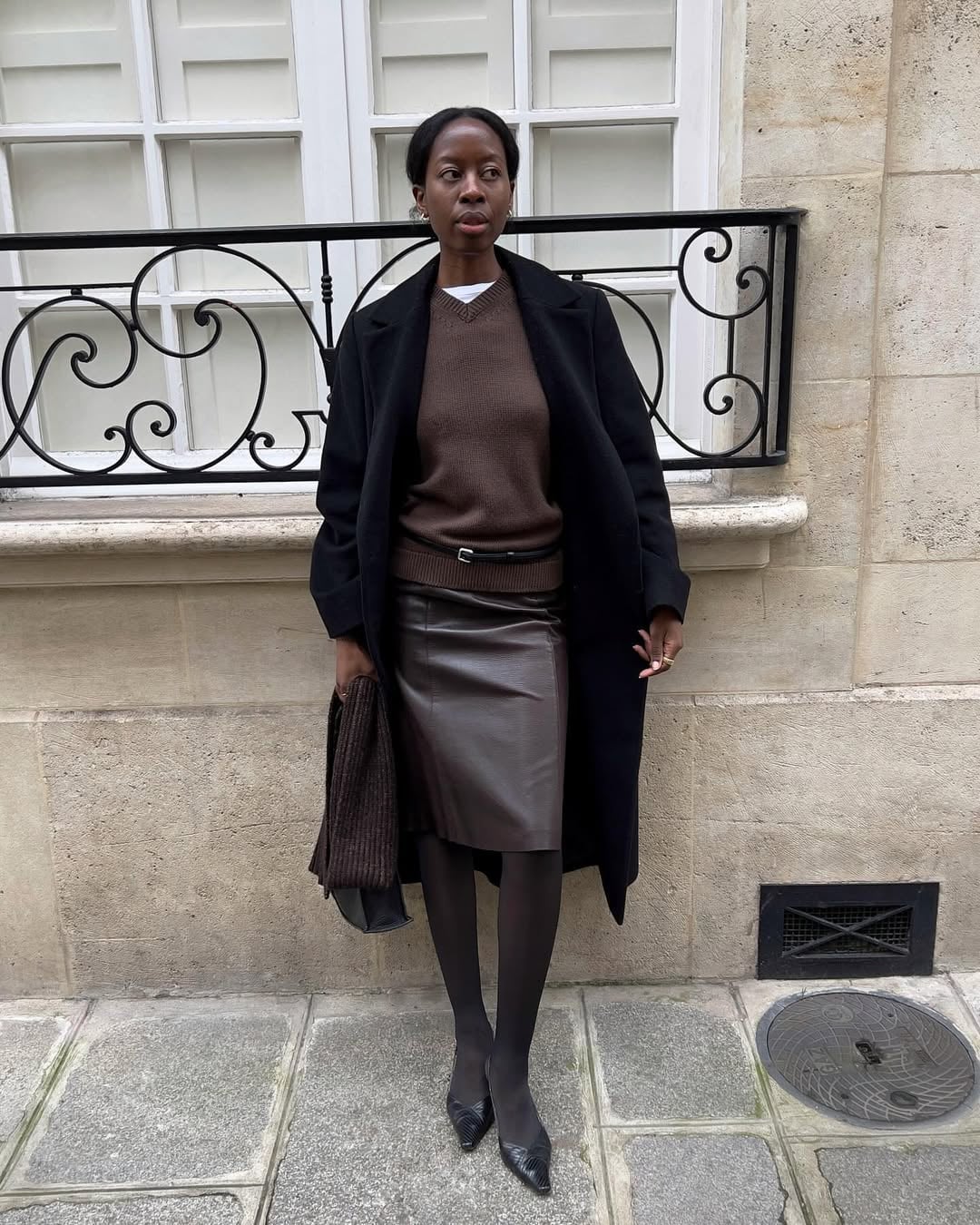 Leather Pencil Skirt with Knit Sweater and Long Coat Leather Pencil Skirt with Knit Sweater and Long Coat — Classy Leather Outfits