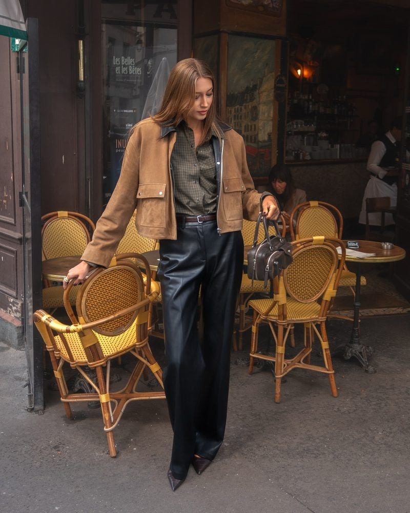 Black Leather Wide-Leg Pants with Plaid Shirt and Suede Jacket Black Leather Wide-Leg Pants with Plaid Shirt and Suede Jacket — Classy Leather Outfits