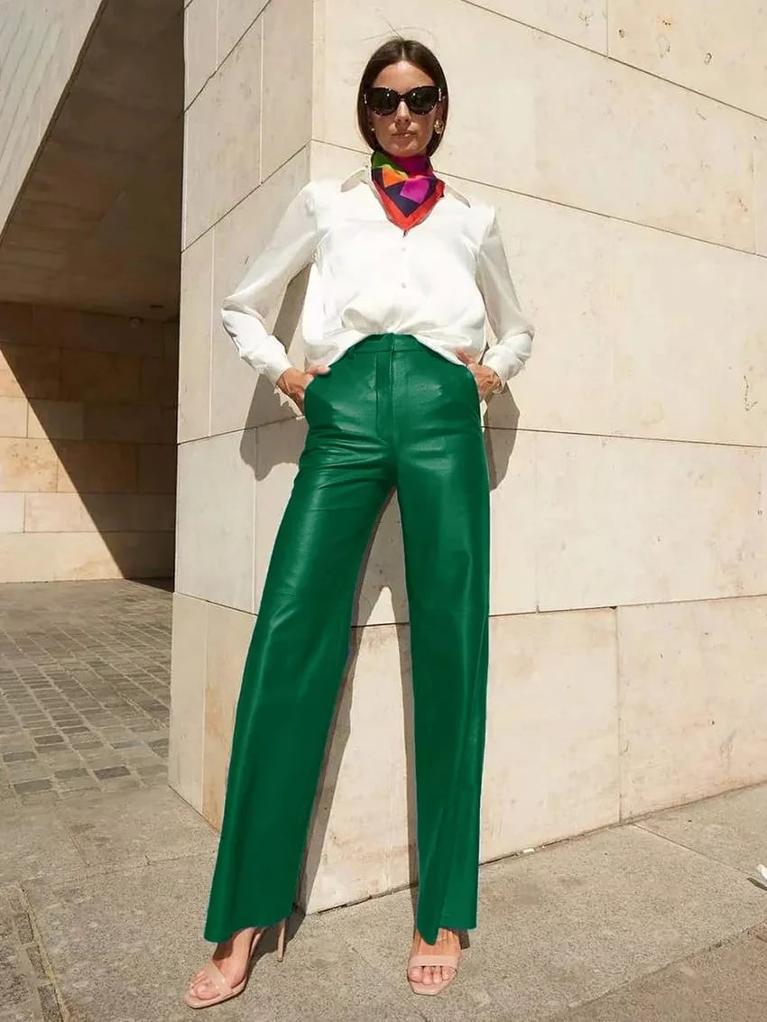 Emerald Green Wide Leg Leather Pants With White Shirt — Classy Leather Pants Outfits
