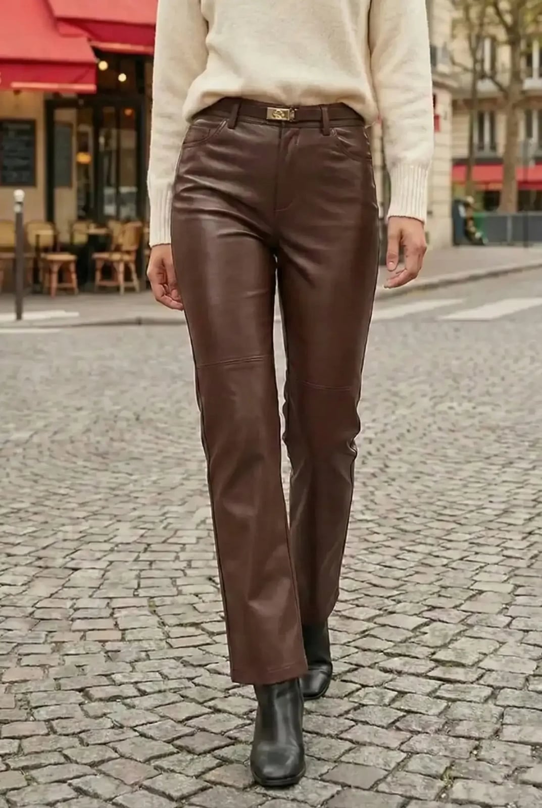 Brown Faux Leather Trousers With Cream Knit Sweater — Classy Leather Pants Outfits
