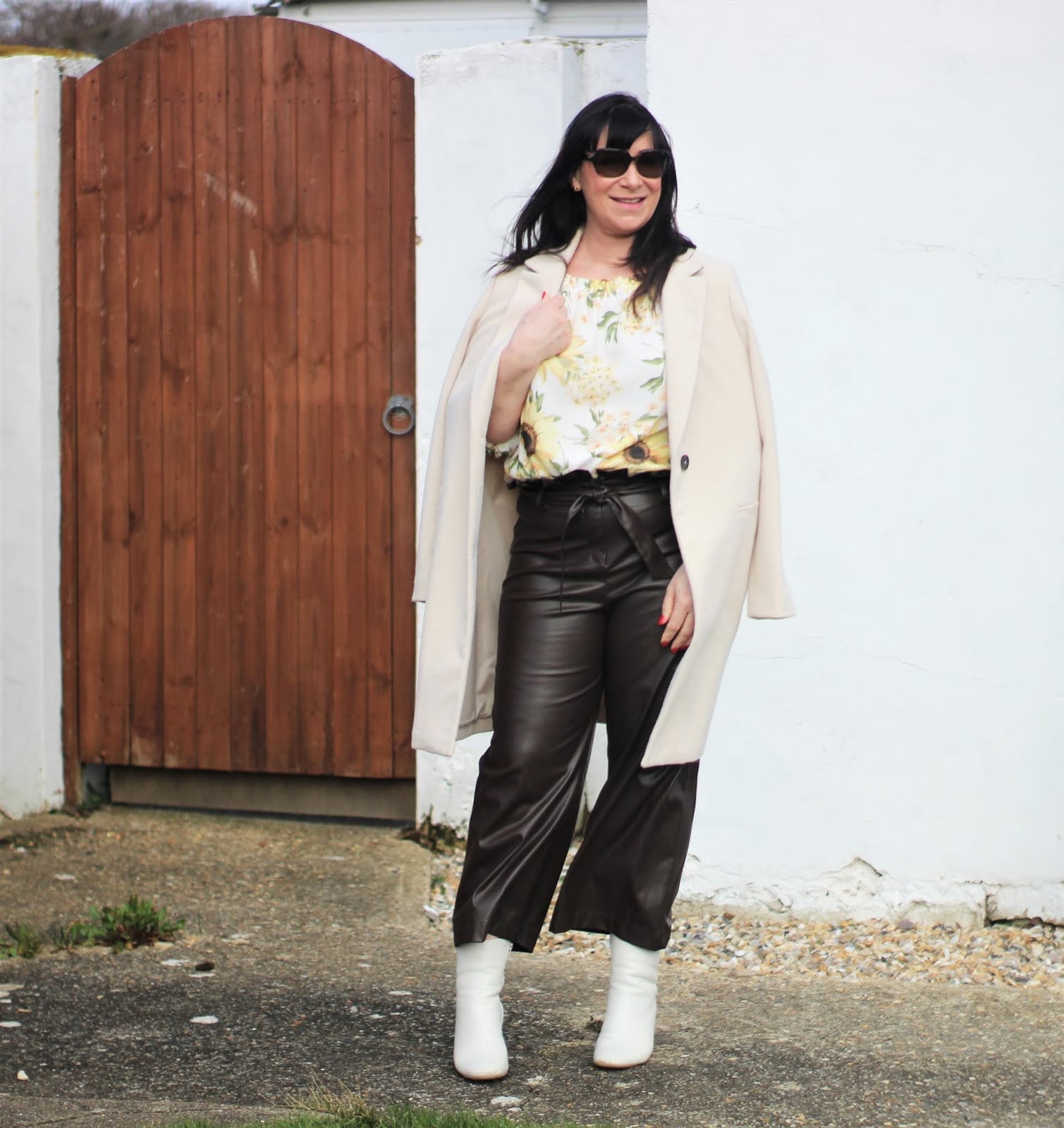 Wide Leg Paperbag Waist Leather Pants With Long Coat — Classy Leather Pants Outfits