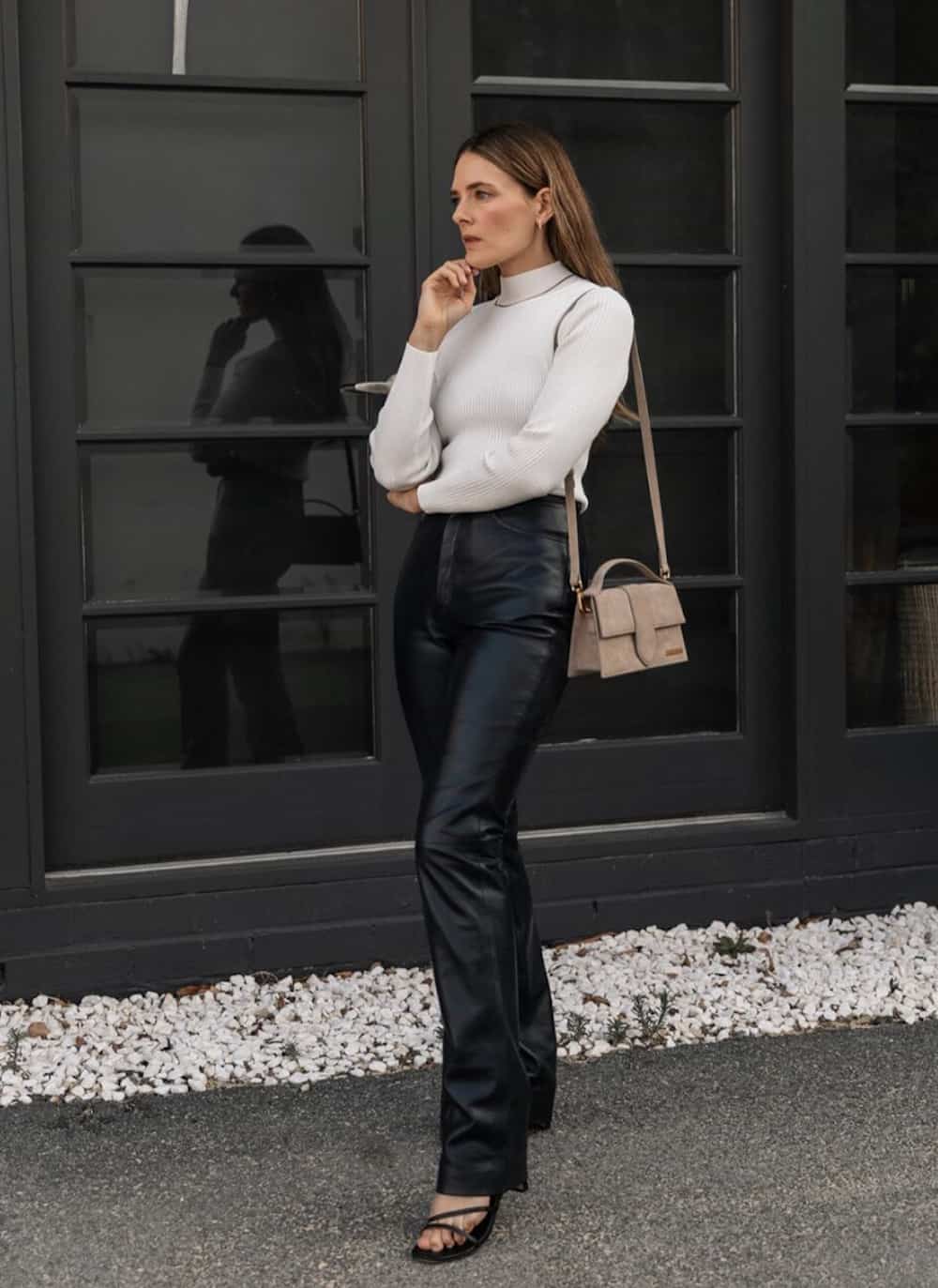 High Waisted Straight Leg Leather Trousers With Ribbed Sweater — Classy Leather Pants Outfits