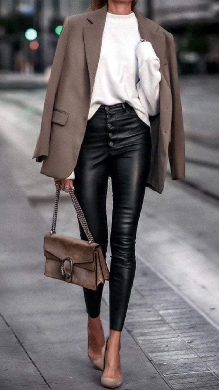 Skinny Leather Pants With Draped Blazer For Workwear — Classy Leather Pants Outfits