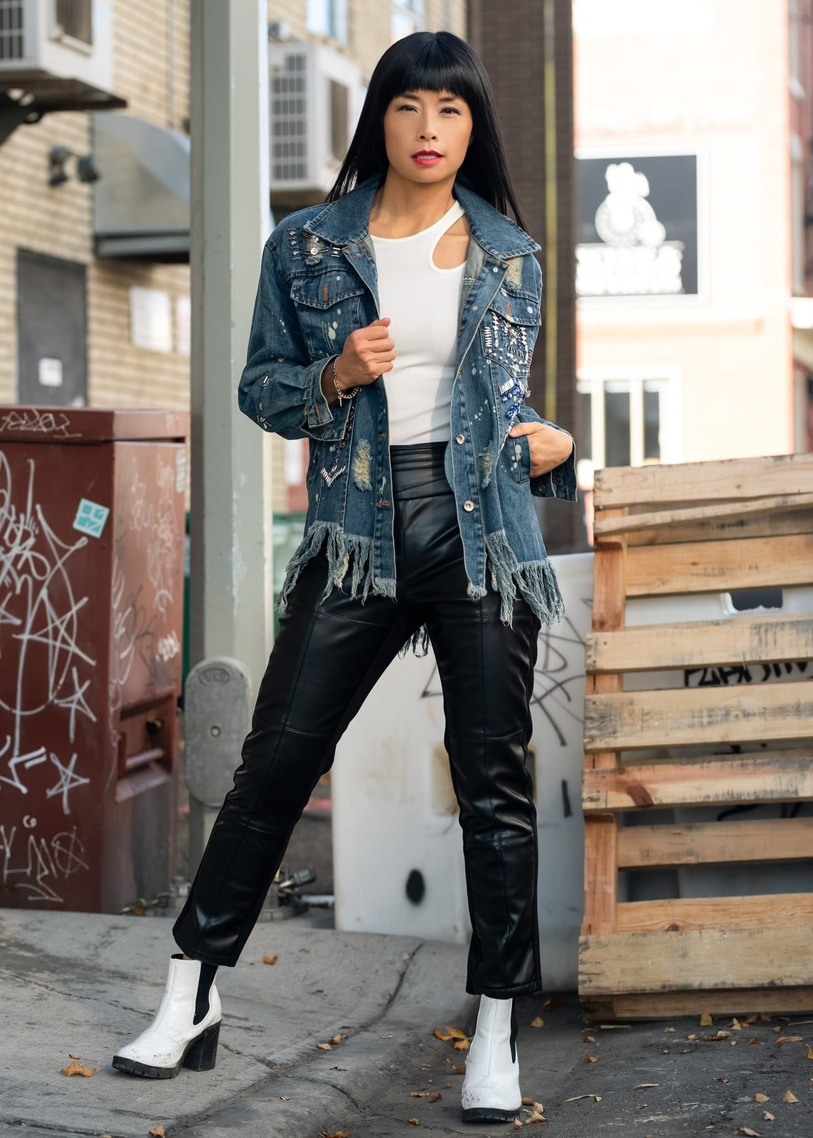 Straight Leg Leather Pants With Distressed Denim Jacket — Classy Leather Pants Outfits