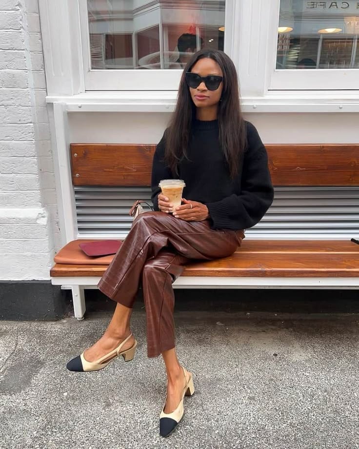 Straight Leg Brown Leather Trousers With Crew Neck Sweater — Classy Leather Pants Outfits