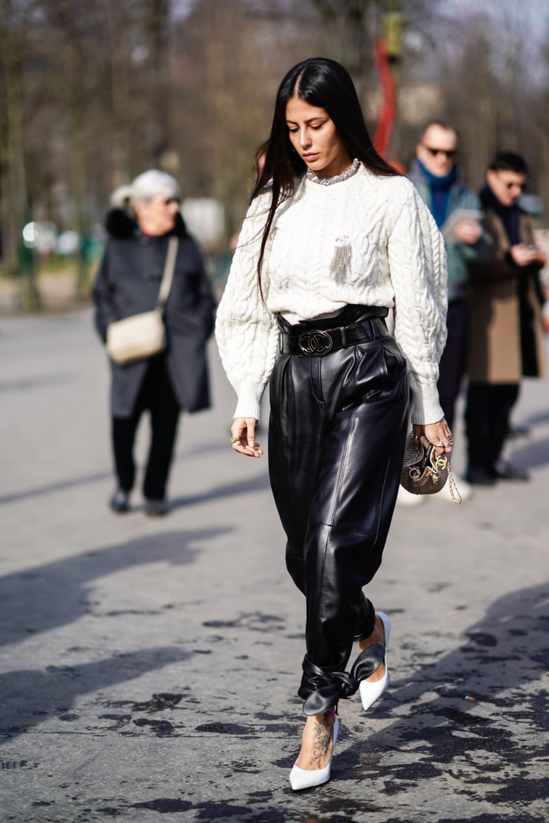 Voluminous Leather Trousers With Cable Knit Sweater — Classy Leather Pants Outfits