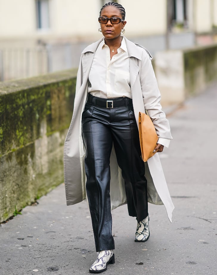 Straight Leg Leather Trousers With Trench Coat — Classy Leather Pants Outfits
