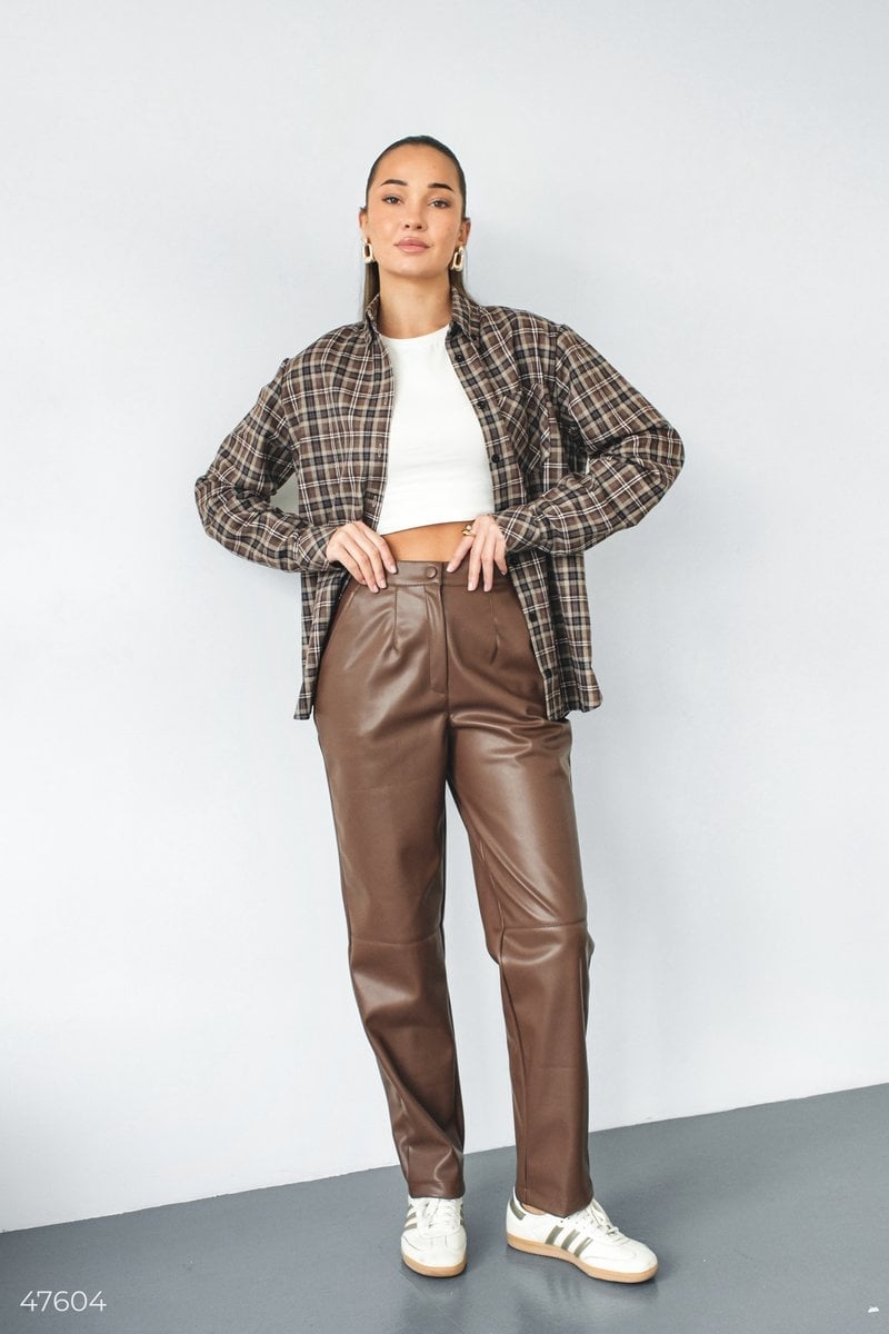 Wide Leg Brown Leather Trousers With Plaid Shirt Jacket, Close-Up Take — Classy Leather Pants Outfits