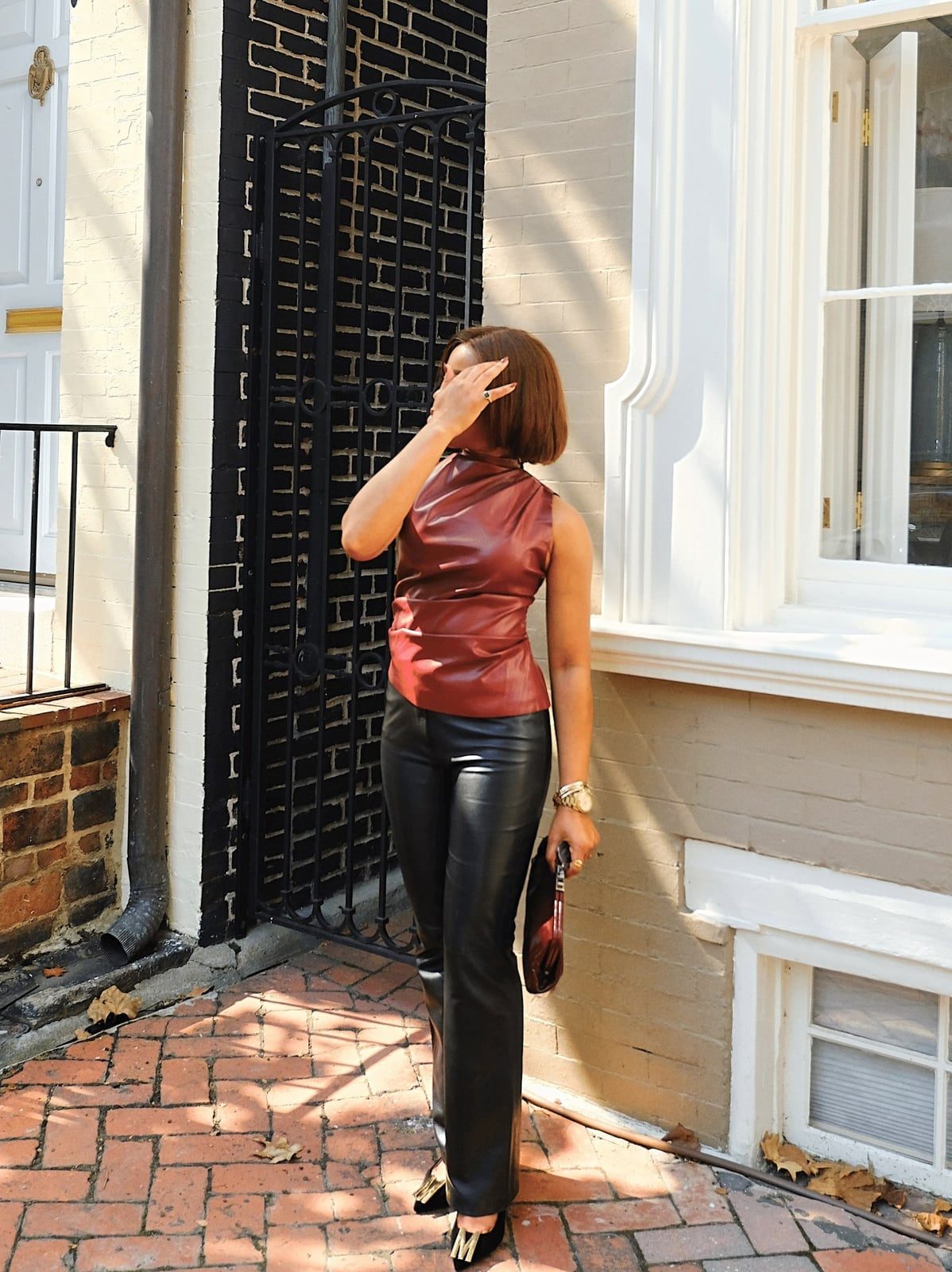 Straight Leg Leather Trousers With Burgundy Mock Neck Top — Classy Leather Pants Outfits