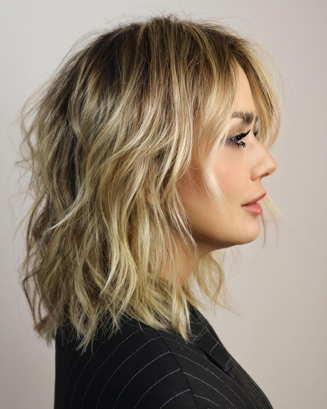 Mid-Back Layered With Blonde Balayage And Curtain Bangs Mid-Back Layered With Blonde Balayage And Curtain Bangs — Classy Length Hair