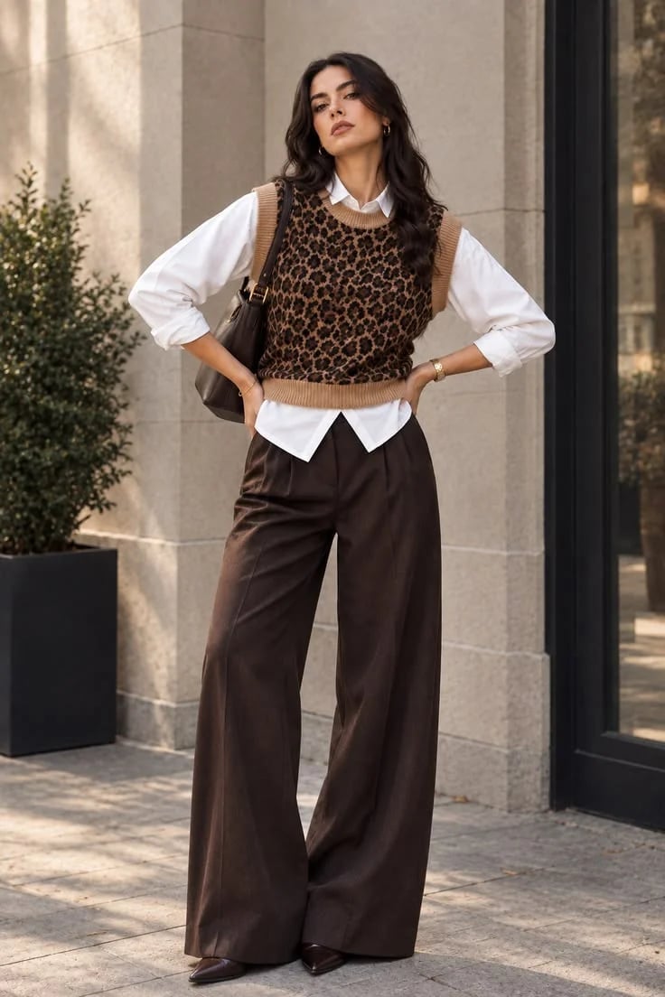 Leopard Knit Vest with Button-Down Shirt and Trousers, Close-Up Take Leopard Knit Vest with Button-Down Shirt and Trousers, Close-Up Take — Classy Leopard Outfits