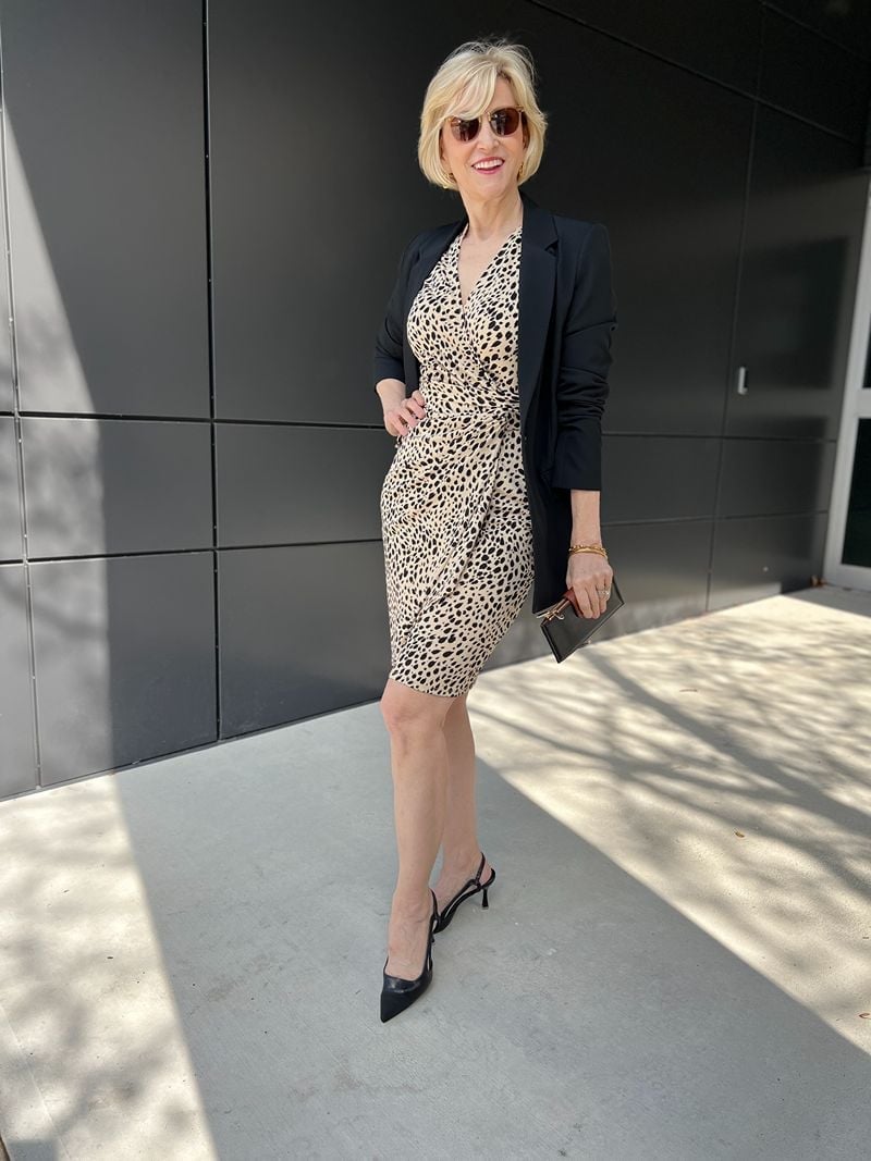 Leopard Wrap Dress Under Black Blazer Leopard Wrap Dress Under Black Blazer — Classy Leopard Outfits