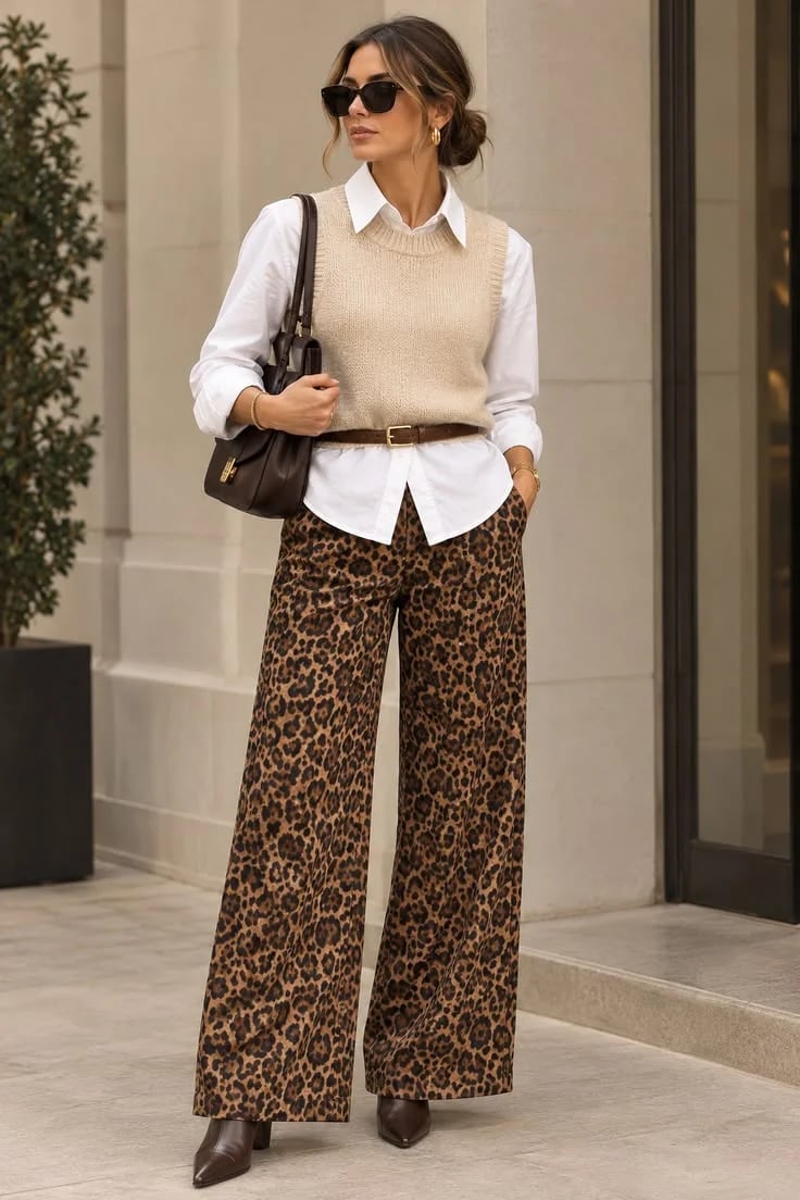 Leopard Trousers with Knit Vest and Button-Down Shirt Leopard Trousers with Knit Vest and Button-Down Shirt — Classy Leopard Outfits