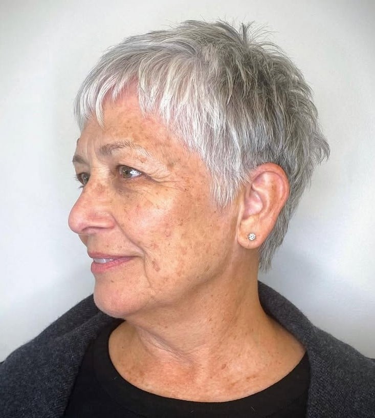 Salt and Pepper Pixie With Wispy Bangs — Classy Lesbian Haircuts