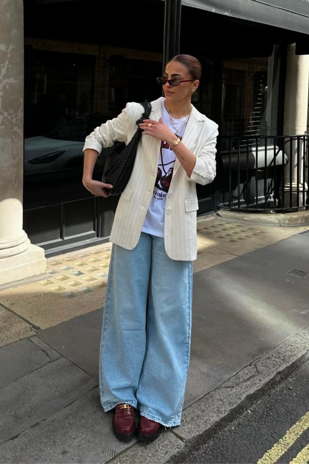 Light Blue Wide Leg Jeans with White Graphic T-Shirt and Pinstripe Light Blue Wide Leg Jeans with White Graphic T-Shirt and Pinstripe — Classy Light Blue Jeans Outfits