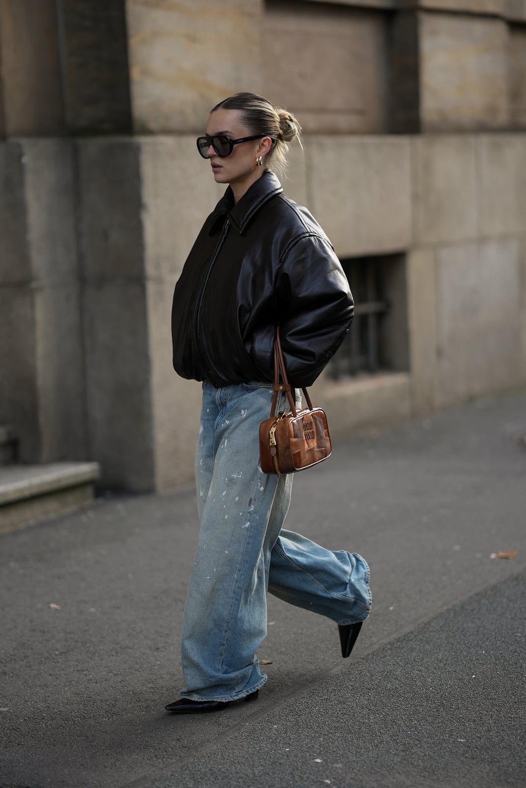 Light Blue Wide Leg Jeans with Paint Splatters and Black Leather Light Blue Wide Leg Jeans with Paint Splatters and Black Leather — Classy Light Blue Jeans Outfits