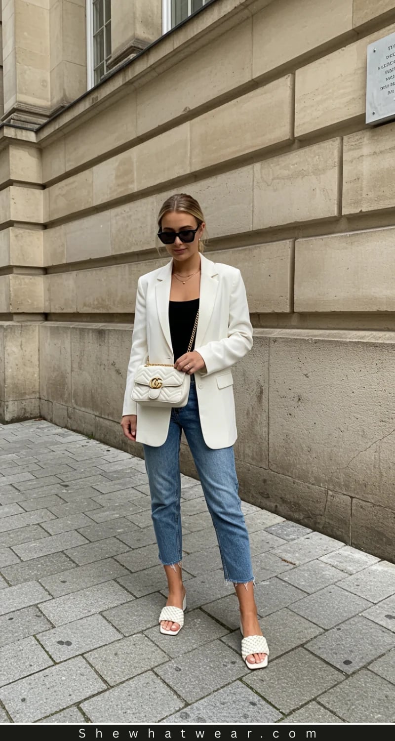 Blue Straight Leg Jeans with Black Top and White Blazer Blue Straight Leg Jeans with Black Top and White Blazer — Classy Light Blue Jeans Outfits