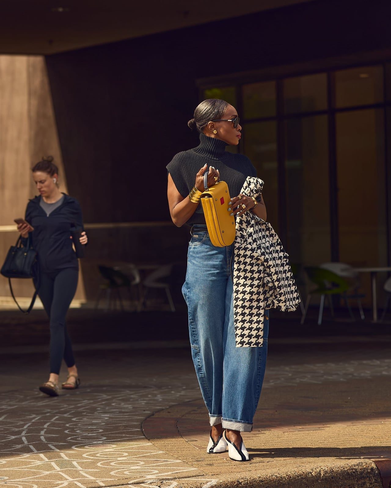 Light Blue Wide Leg Jeans with Black Turtleneck and Houndstooth Coat Light Blue Wide Leg Jeans with Black Turtleneck and Houndstooth Coat — Classy Light Blue Jeans Outfits