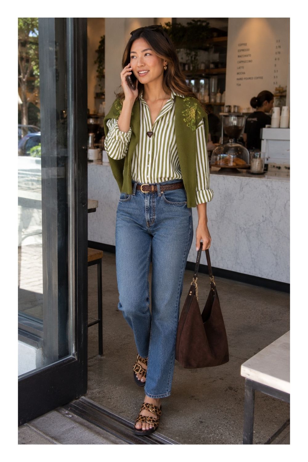 Light Blue Straight Leg Jeans with Striped Shirt and Green Cardigan Light Blue Straight Leg Jeans with Striped Shirt and Green Cardigan — Classy Light Blue Jeans Outfits