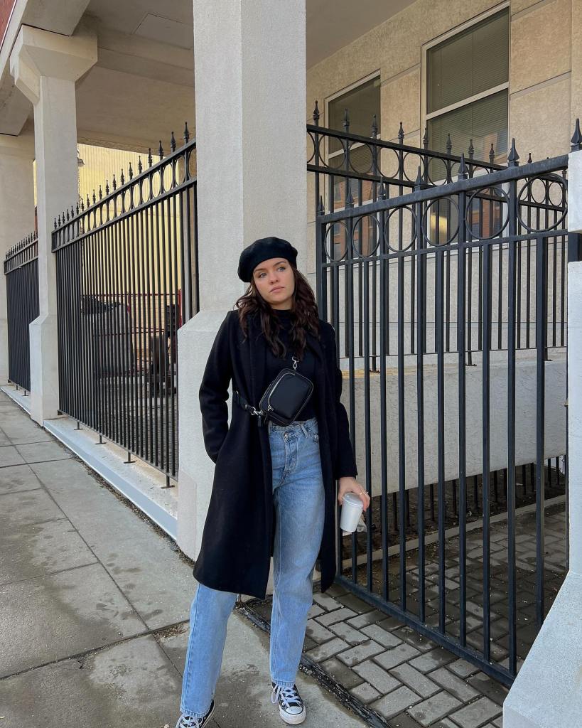 Light Blue Straight Leg Jeans with Black Turtleneck and Long Coat Light Blue Straight Leg Jeans with Black Turtleneck and Long Coat — Classy Light Blue Jeans Outfits