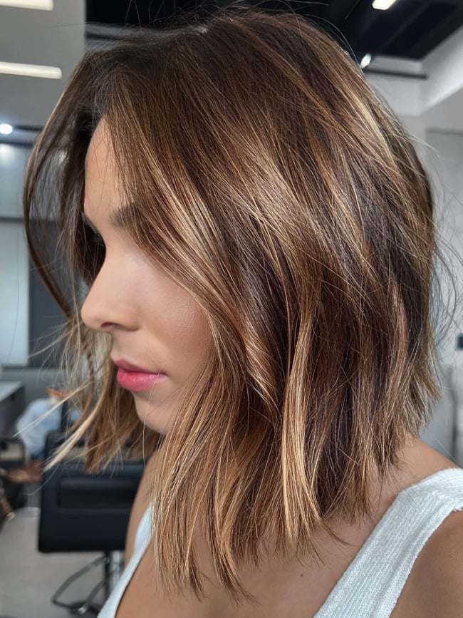 Chin Length Bob With Angled Cut — Classy Light Brown Balayage