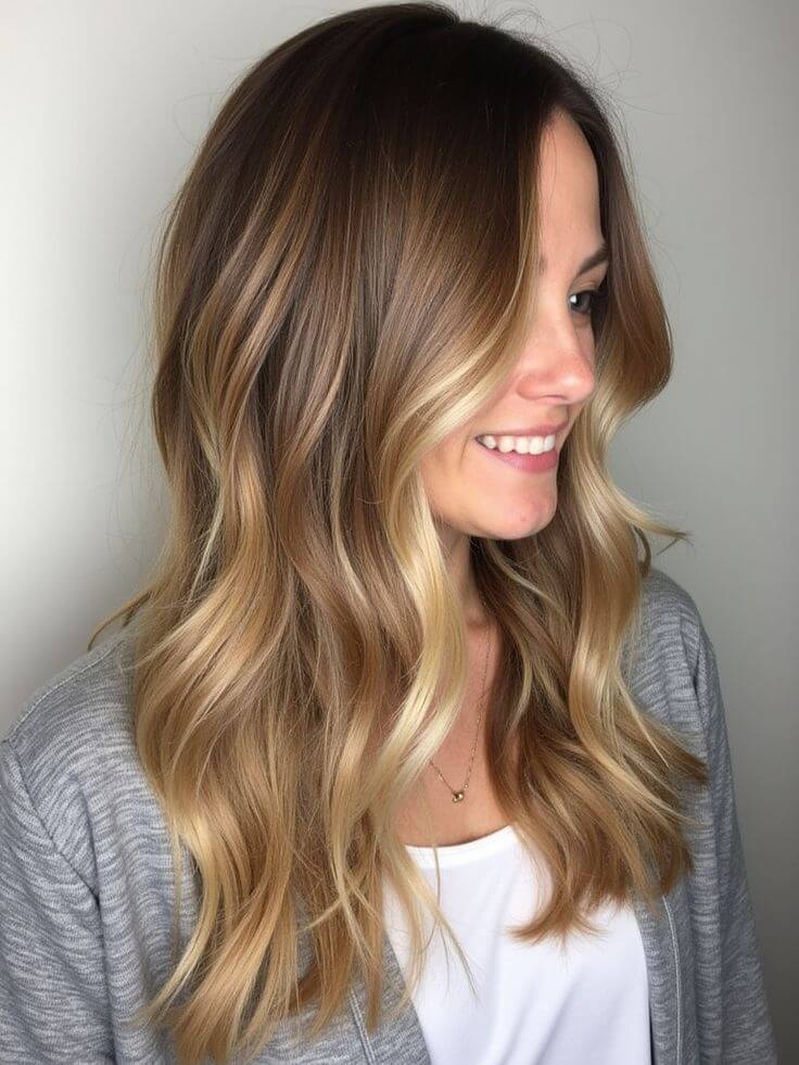Shoulder Length Waves With Blonde Balayage — Classy Light Brown Hair with Blonde